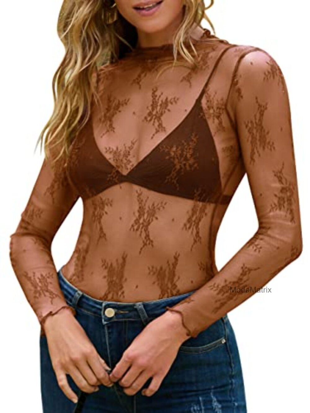 Womens Sheer Mesh Floral Embroidered Mock Neck Long Sleeve Crop Blouse